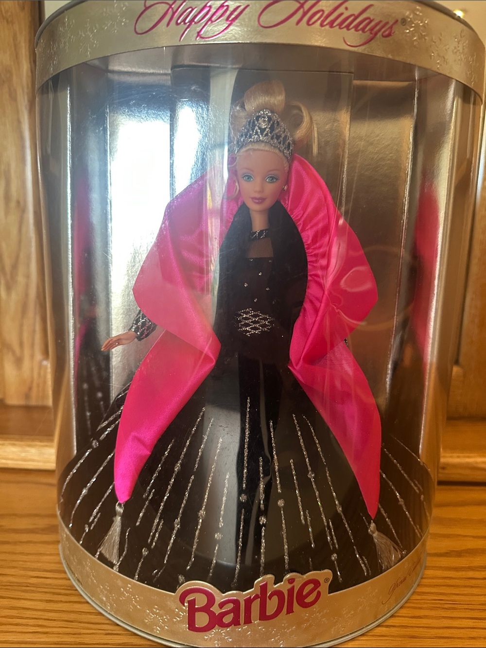 Holiday Barbie Black Gown with Bright Pink Satin Shawl and Tiara 1998 Edition